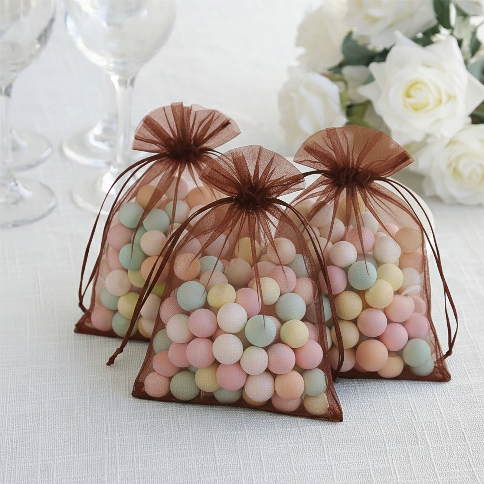 100 Pack Chocolate Organza Gift Bags with Drawstring, 5" x 7" – Wedding Party Favor Bags