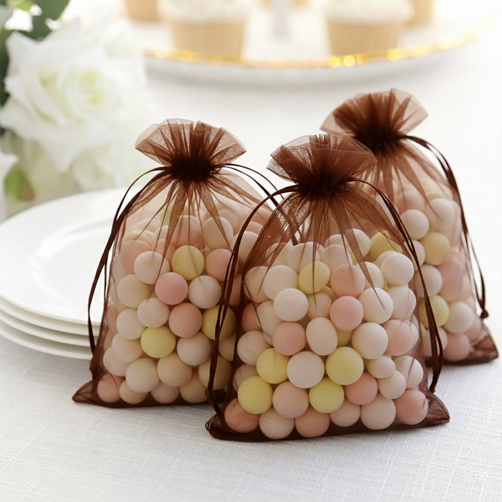 100 Pack Chocolate Organza Gift Bags with Drawstring, 5" x 7" – Wedding Party Favor Bags
