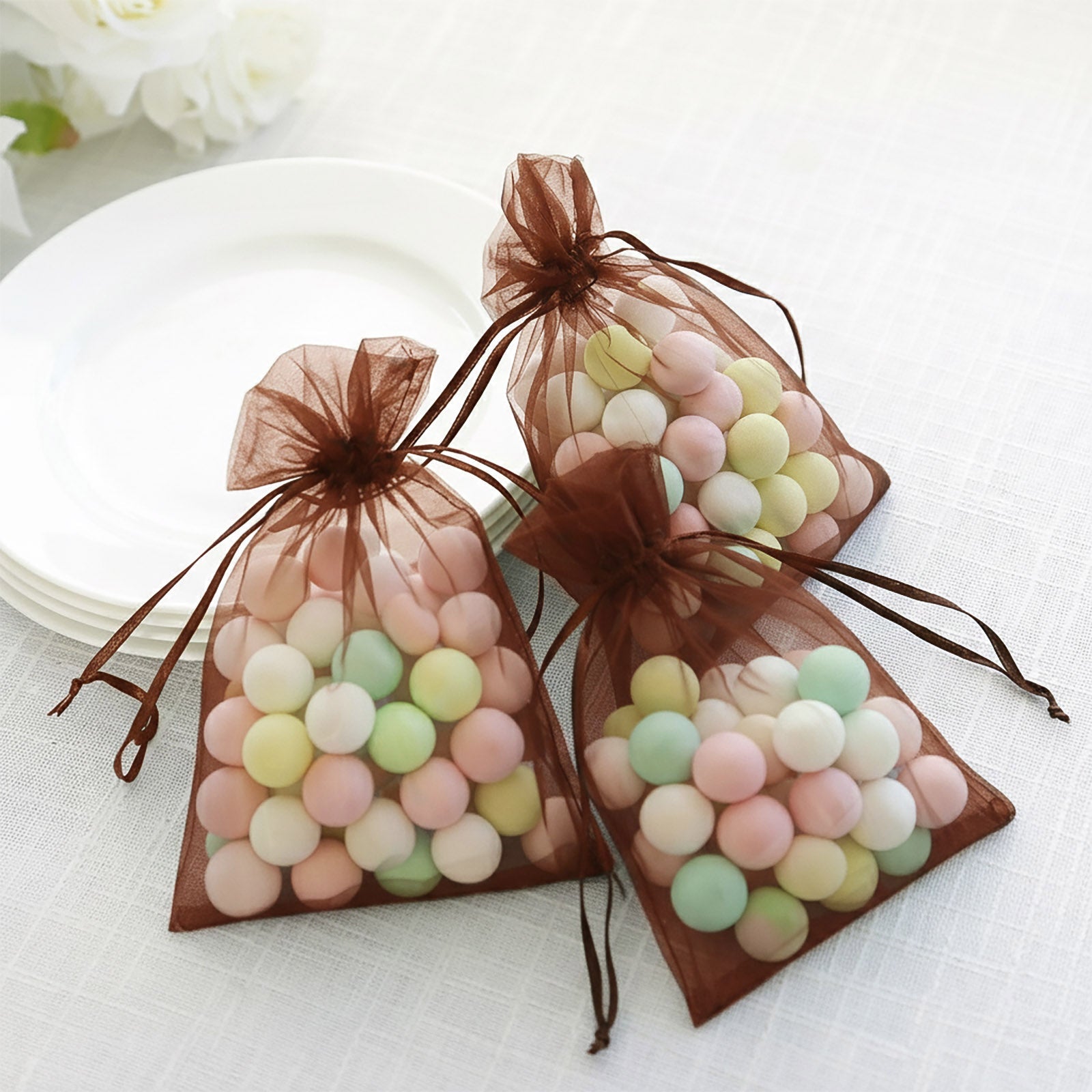100 Pack Chocolate Organza Gift Bags with Drawstring, 5" x 7" – Wedding Party Favor Bags