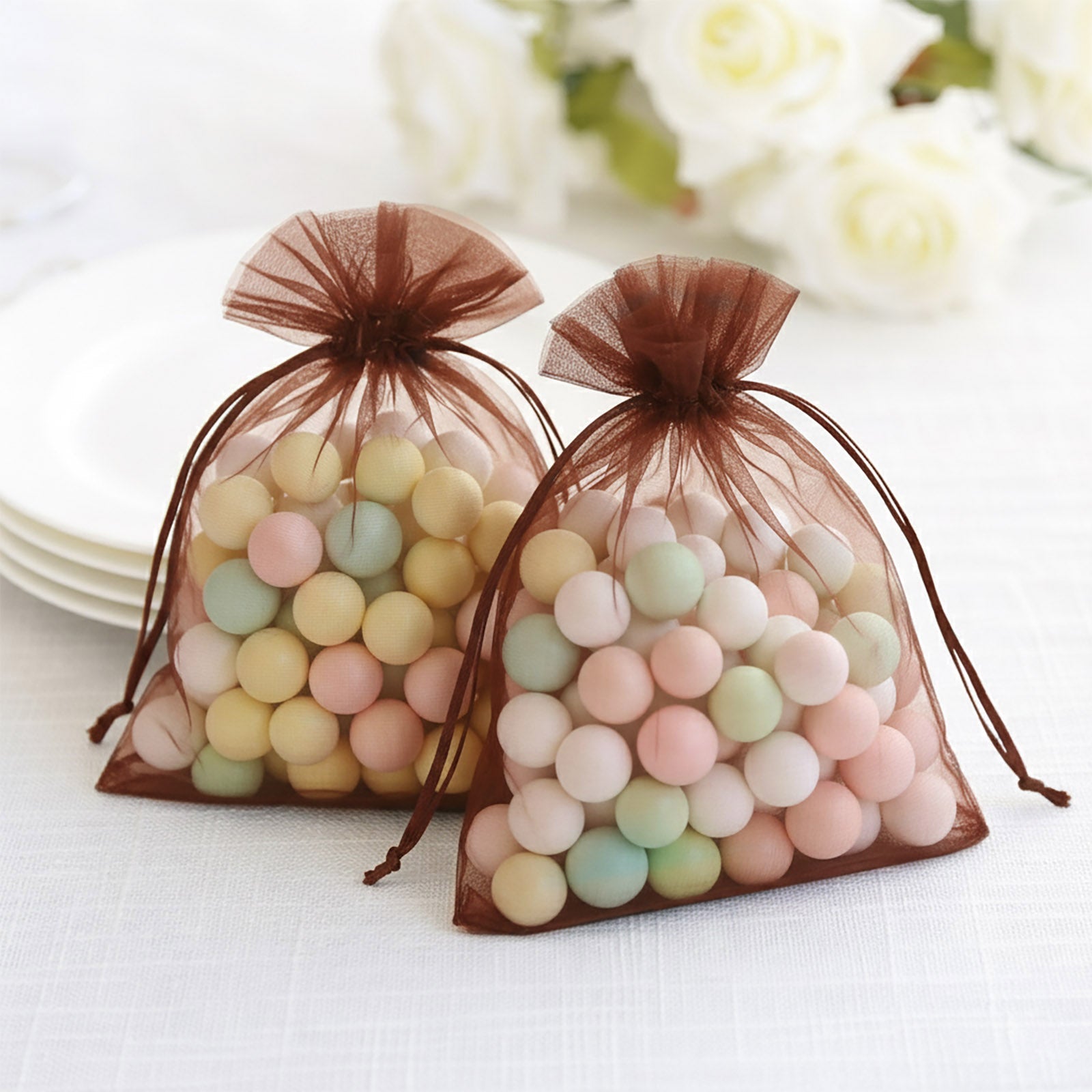 100 Pack Chocolate Organza Gift Bags with Drawstring, 5" x 7" – Wedding Party Favor Bags