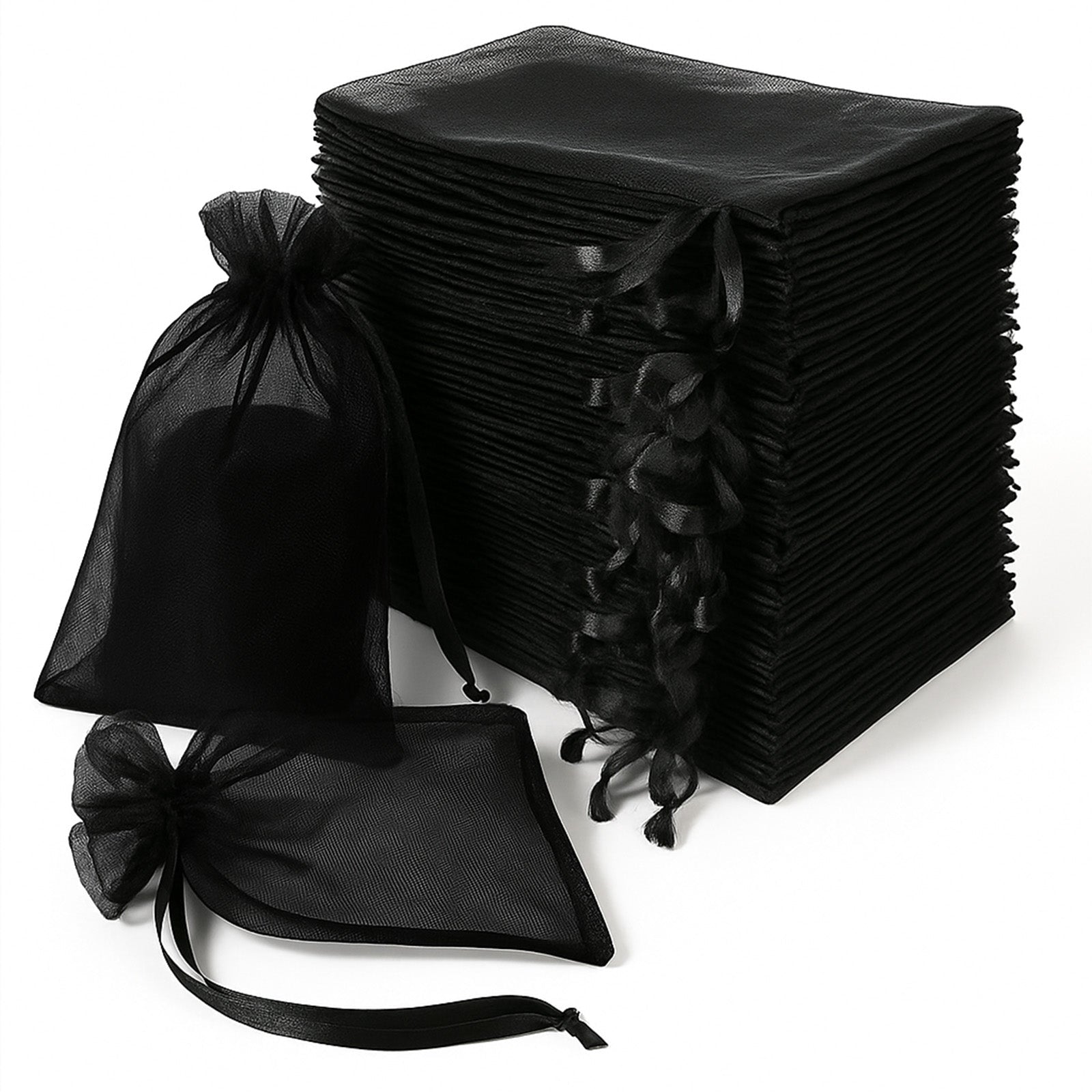 100 Pack Black Organza Gift Bags with Drawstring, 6" x 9" – Wedding Party Favor Bags