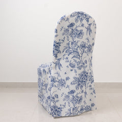 10 Pack Polyester Chair Covers  for Banquet Chairs – White Blue French Toile Pattern, Reusable Stain-Resistant Slip-On Slipcovers