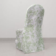 10 Pack Polyester Chair Covers  for Banquet Chairs – White Dusty Sage Green French Toile Pattern, Reusable Stain-Resistant Slip-On Slipcovers