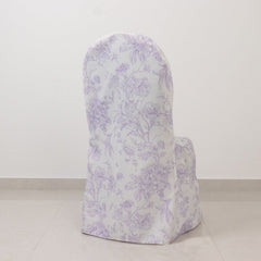 10 Pack Polyester Chair Covers  for Banquet Chairs – White Lavender Lilac French Toile Pattern, Reusable Stain-Resistant Slip-On Slipcovers