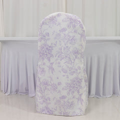 10 Pack Polyester Chair Covers  for Banquet Chairs – White Lavender Lilac French Toile Pattern, Reusable Stain-Resistant Slip-On Slipcovers