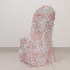 10 Pack Polyester Chair Covers  for Banquet Chairs – White Pink French Toile Pattern, Reusable Stain-Resistant Slip-On Slipcovers