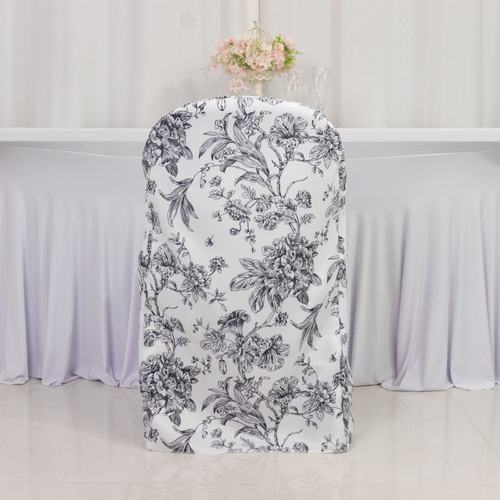 10 Pack Polyester Chair Covers for Folding Chairs – White Black French Toile Pattern, Reusable Stain-Resistant Slip-On Slipcovers