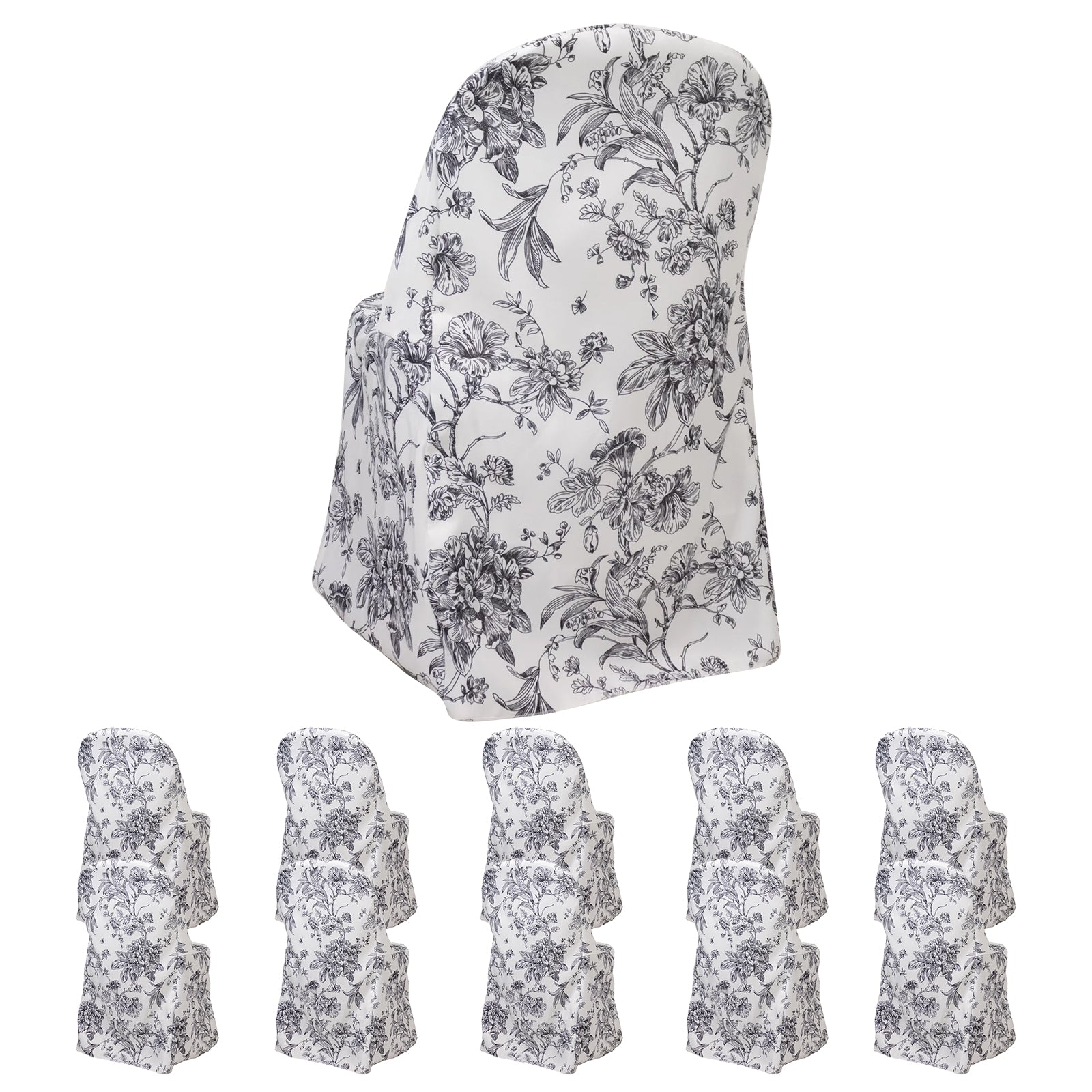 10 Pack Polyester Chair Covers for Folding Chairs – White Black French Toile Pattern, Reusable Stain-Resistant Slip-On Slipcovers