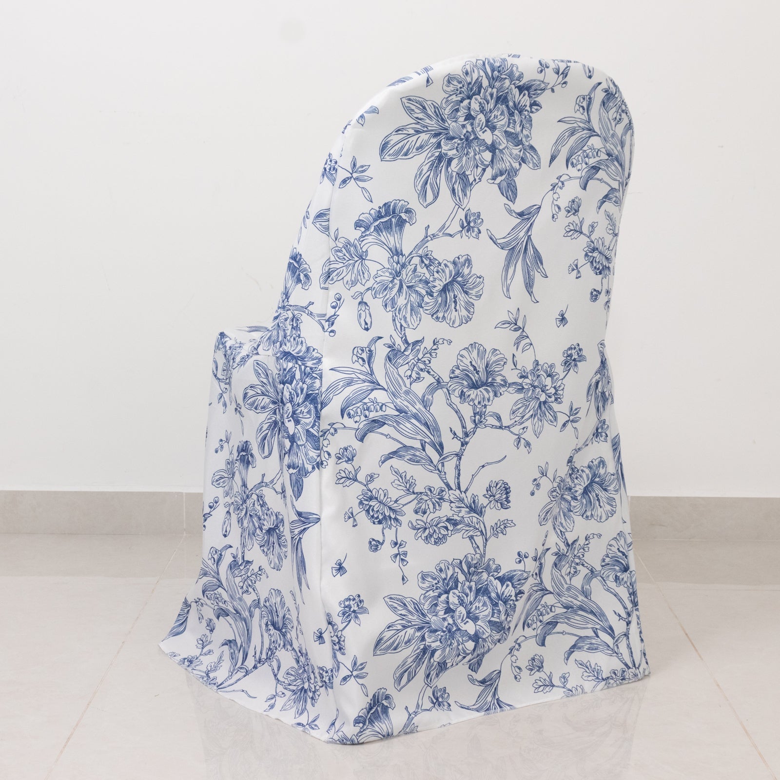 10 Pack Polyester Chair Covers for Folding Chairs – White Blue French Toile Pattern, Reusable Stain-Resistant Slip-On Slipcovers
