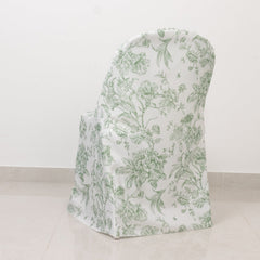 10 Pack Polyester Chair Covers for Folding Chairs – White Dusty Sage Green French Toile Pattern, Reusable Stain-Resistant Slip-On Slipcovers