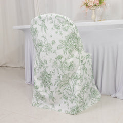 10 Pack Polyester Chair Covers for Folding Chairs – White Dusty Sage Green French Toile Pattern, Reusable Stain-Resistant Slip-On Slipcovers