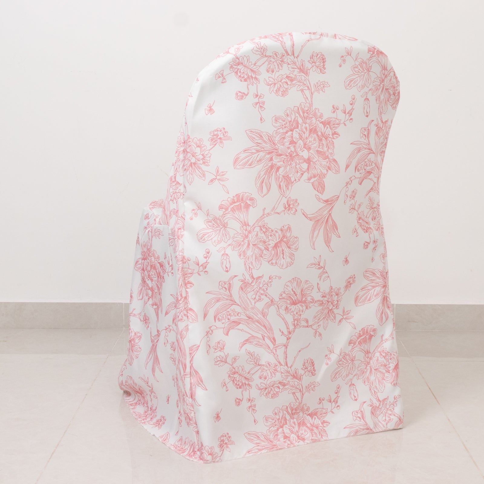 10 Pack Polyester Chair Covers for Folding Chairs – White Pink French Toile Pattern, Reusable Stain-Resistant Slip-On Slipcovers
