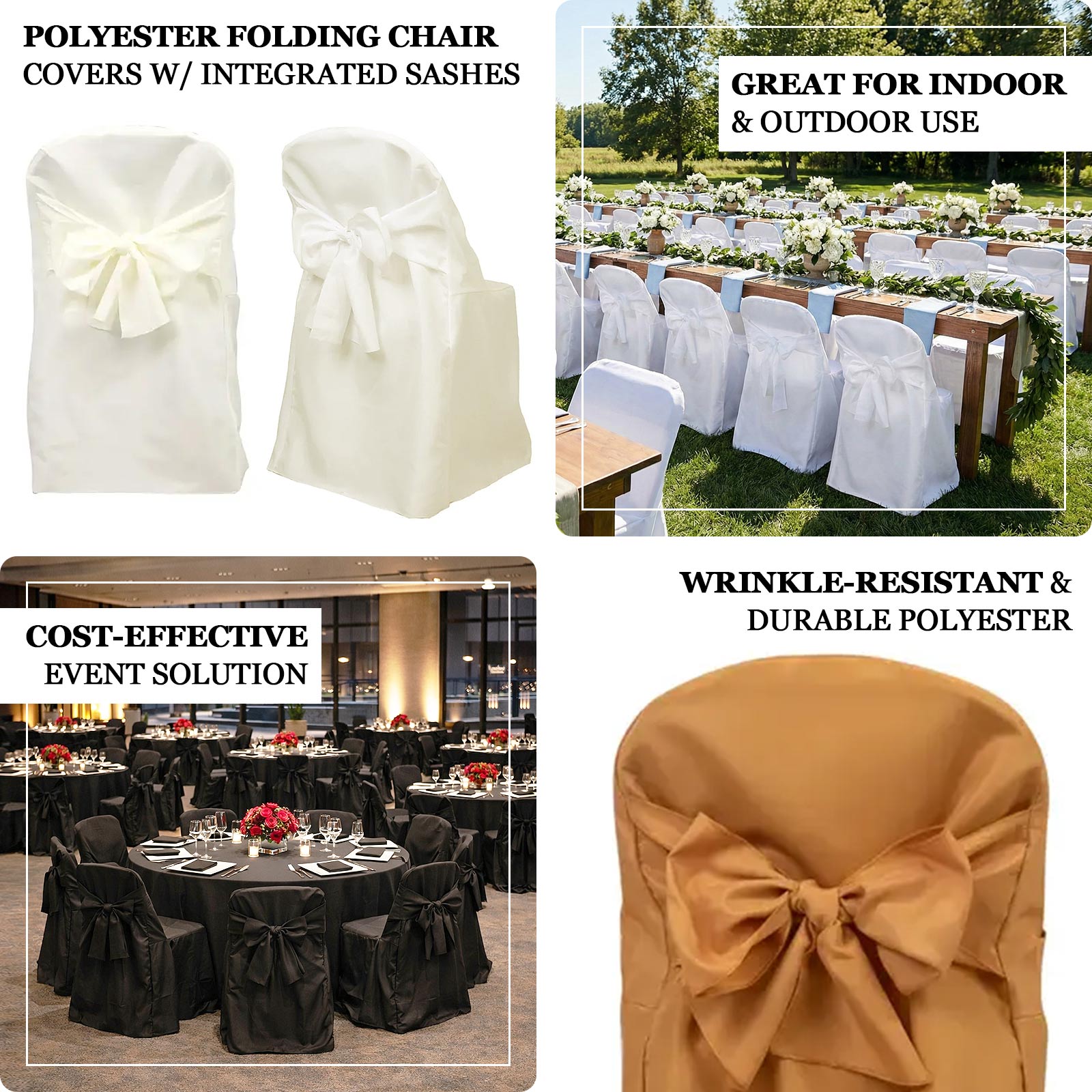 10-Pack Polyester Slip-On Folding Chair Covers with Attached Sashes – Gold Durable Reusable Covers for Wedding & Event Decor