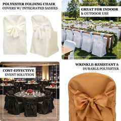 10-Pack Polyester Slip-On Folding Chair Covers with Attached Sashes – Ivory Durable Reusable Covers for Wedding & Event Decor