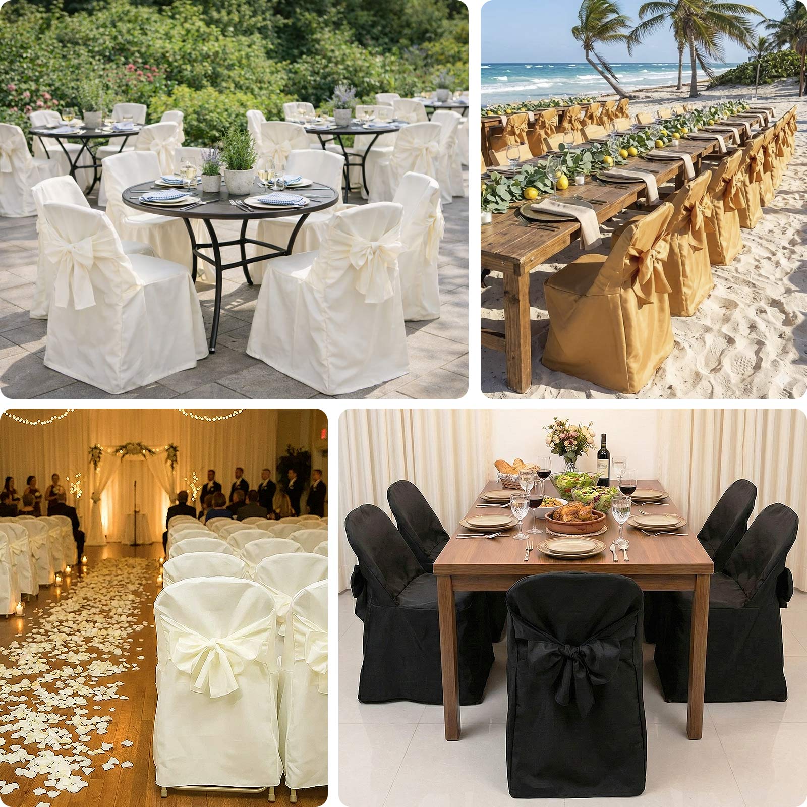 10-Pack Polyester Slip-On Folding Chair Covers with Attached Sashes – Gold Durable Reusable Covers for Wedding & Event Decor