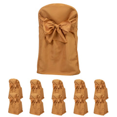 10-Pack Polyester Slip-On Folding Chair Covers with Attached Sashes – Gold Durable Reusable Covers for Wedding & Event Decor