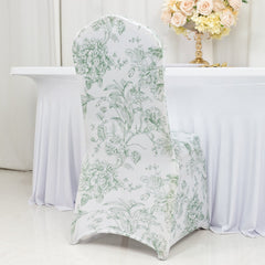 10 Pack Spandex Chair Covers for Banquet Chairs – White Dusty Sage Green French Toile Reusable Stretch Slip-On Floral Covers