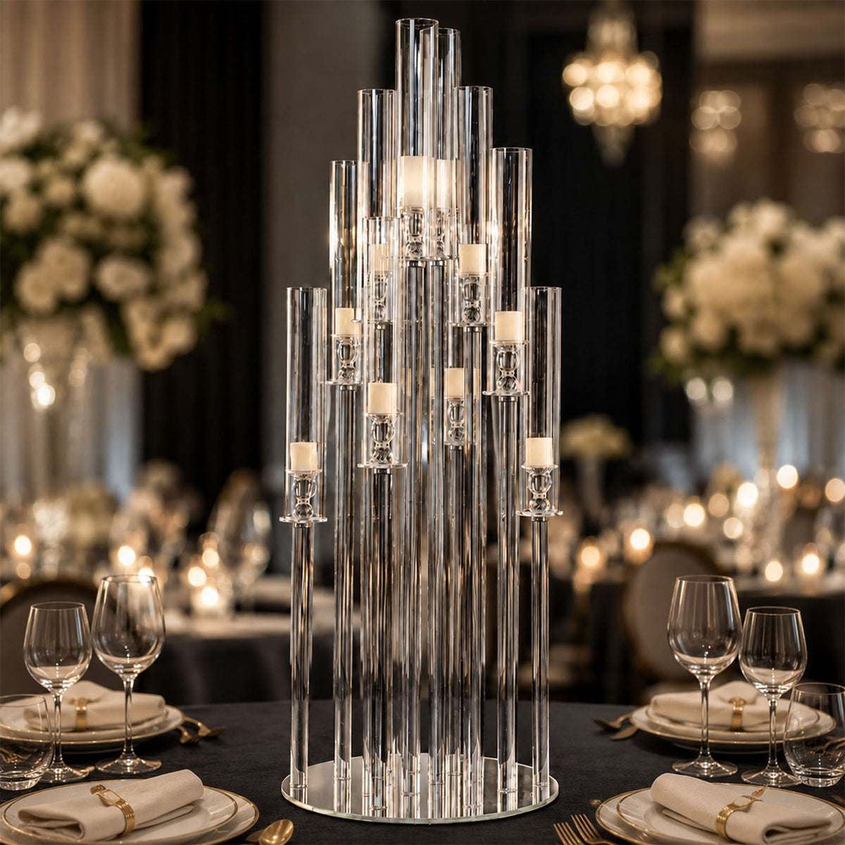 10-Arm Round Cluster Crystal Candelabra with Mirror Base Clear - Sparkling Candle Holder for Votive & Pillar Candles 47"