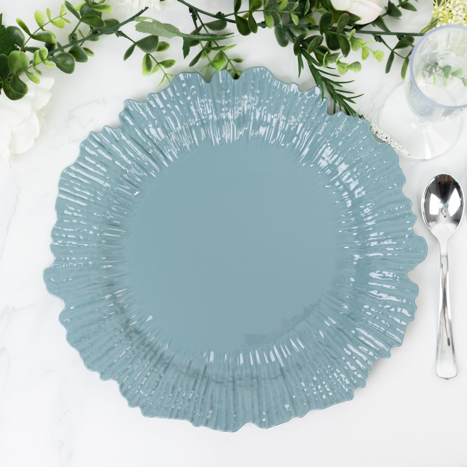 10 Pack Economy Reef Plastic Charger Plates – 13" Dusty Blue Dinner Plate Chargers for Weddings, Parties & Catering