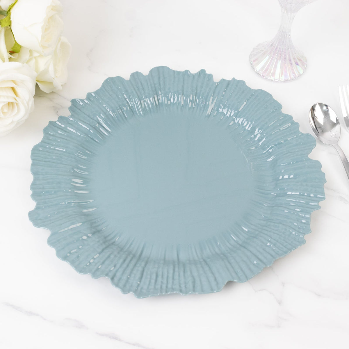 10 Pack Economy Reef Plastic Charger Plates – 13" Dusty Blue Dinner Plate Chargers for Weddings, Parties & Catering