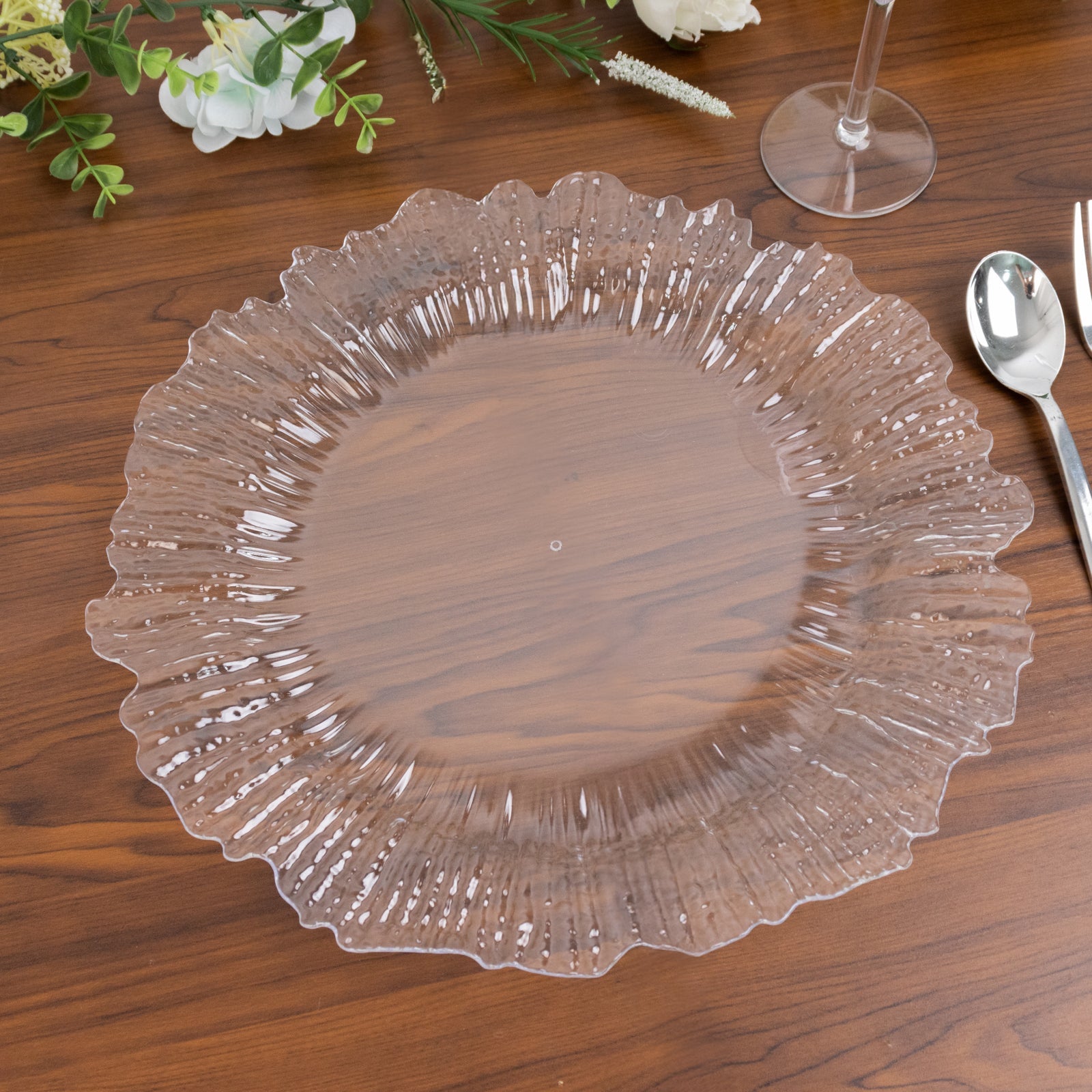 10 Pack Economy Reef Plastic Charger Plates – 13" Clear Dinner Plate Chargers for Weddings, Parties & Catering