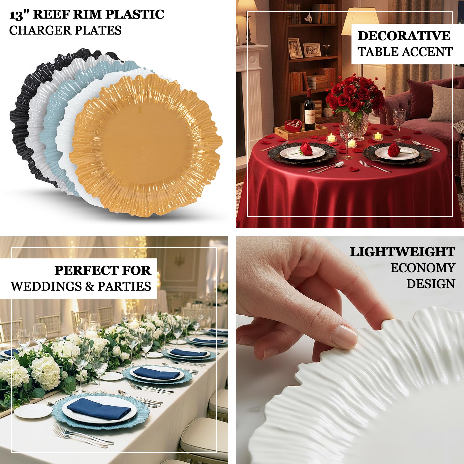 10 Pack Economy Reef Plastic Charger Plates – 13" Black Dinner Plate Chargers for Weddings, Parties & Catering