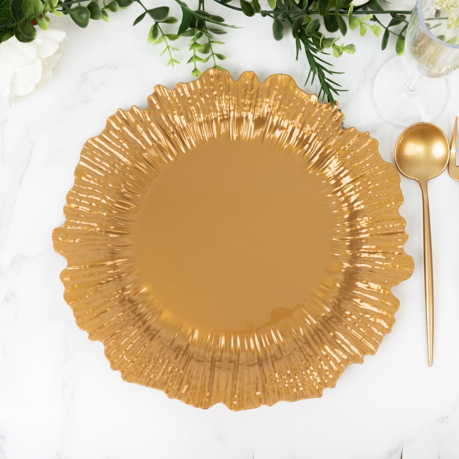 10 Pack Economy Reef Plastic Charger Plates – 13" Gold Dinner Plate Chargers for Weddings, Parties & Catering