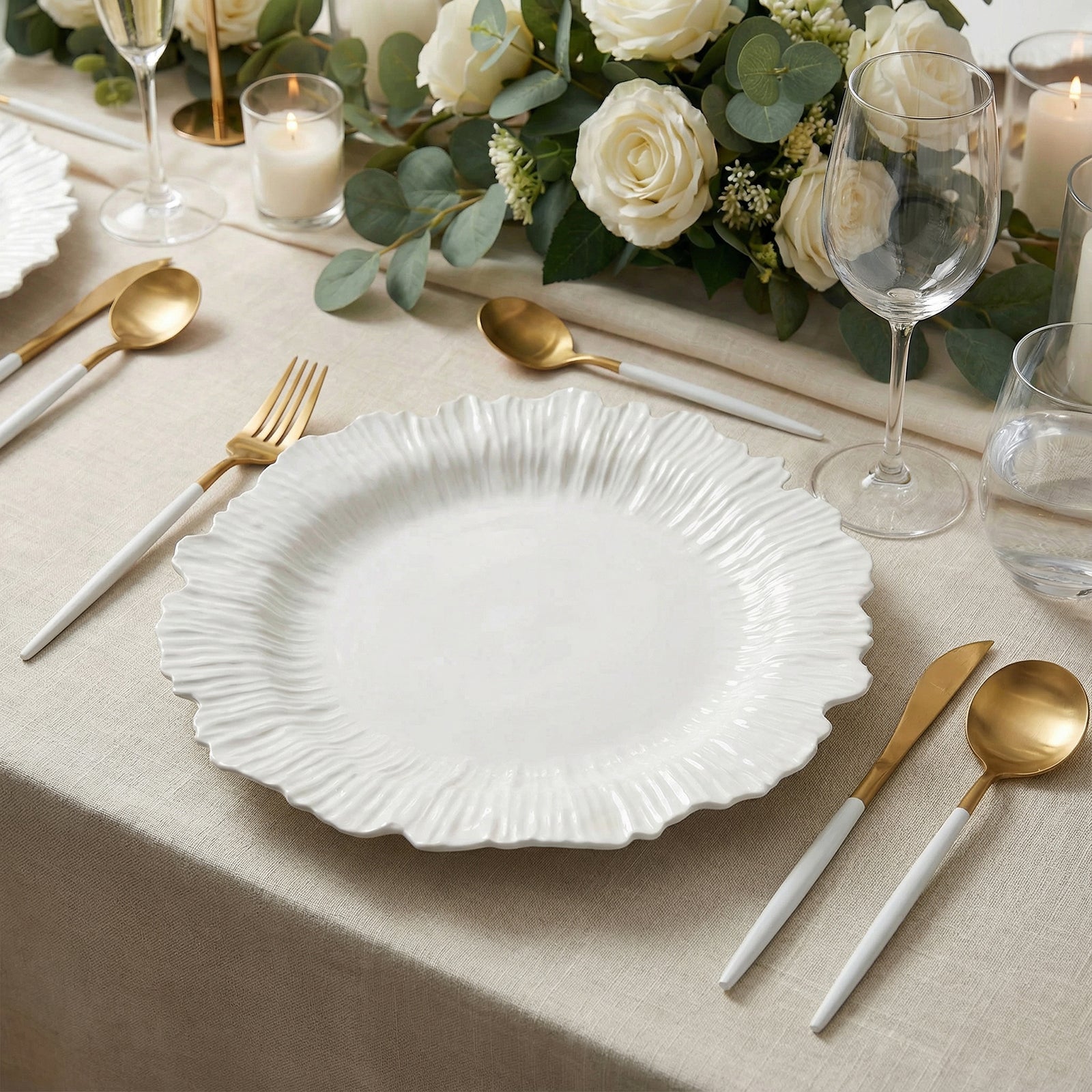 10 Pack Economy Reef Plastic Charger Plates – 13" Pearl White Dinner Plate Chargers for Weddings, Parties & Catering