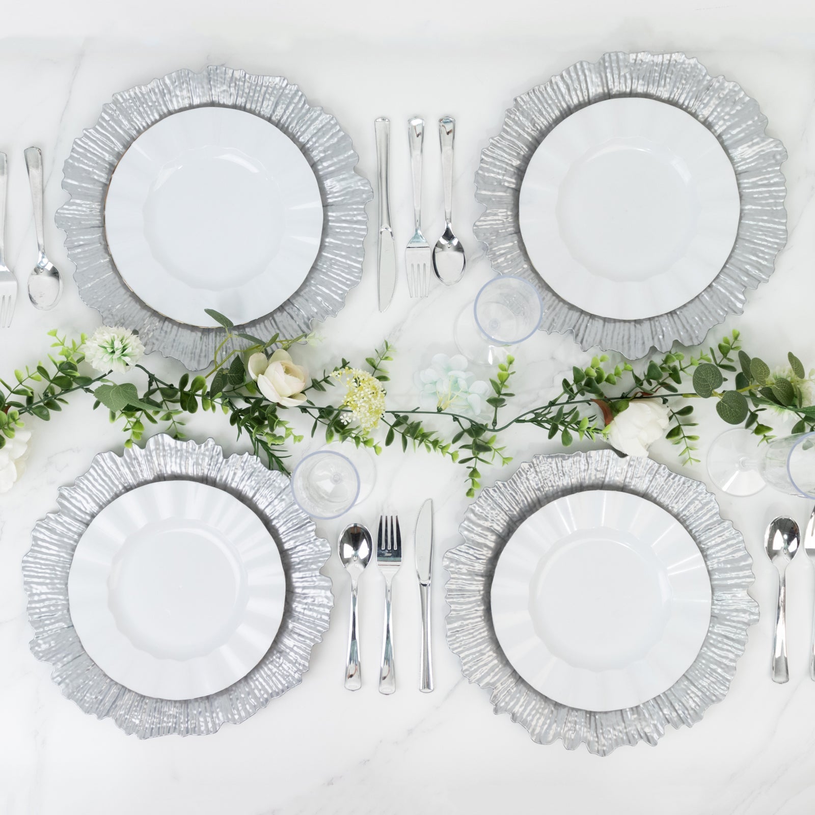 10 Pack Economy Reef Plastic Charger Plates – 13" Silver Dinner Plate Chargers for Weddings, Parties & Catering