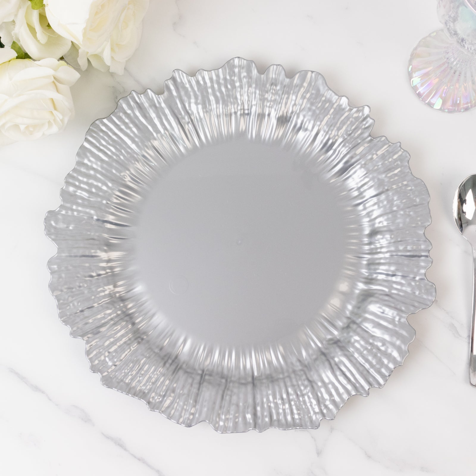 10 Pack Economy Reef Plastic Charger Plates – 13" Silver Dinner Plate Chargers for Weddings, Parties & Catering