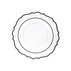 10-Pack Economy Plastic Round Charger Plates 13" in Clear with Black Scalloped Rim, Decorative Dinner Party Serving Plates