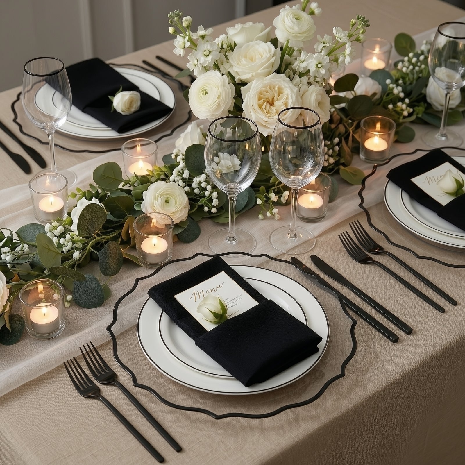 10-Pack Economy Plastic Round Charger Plates 13" in Clear with Black Scalloped Rim, Decorative Dinner Party Serving Plates