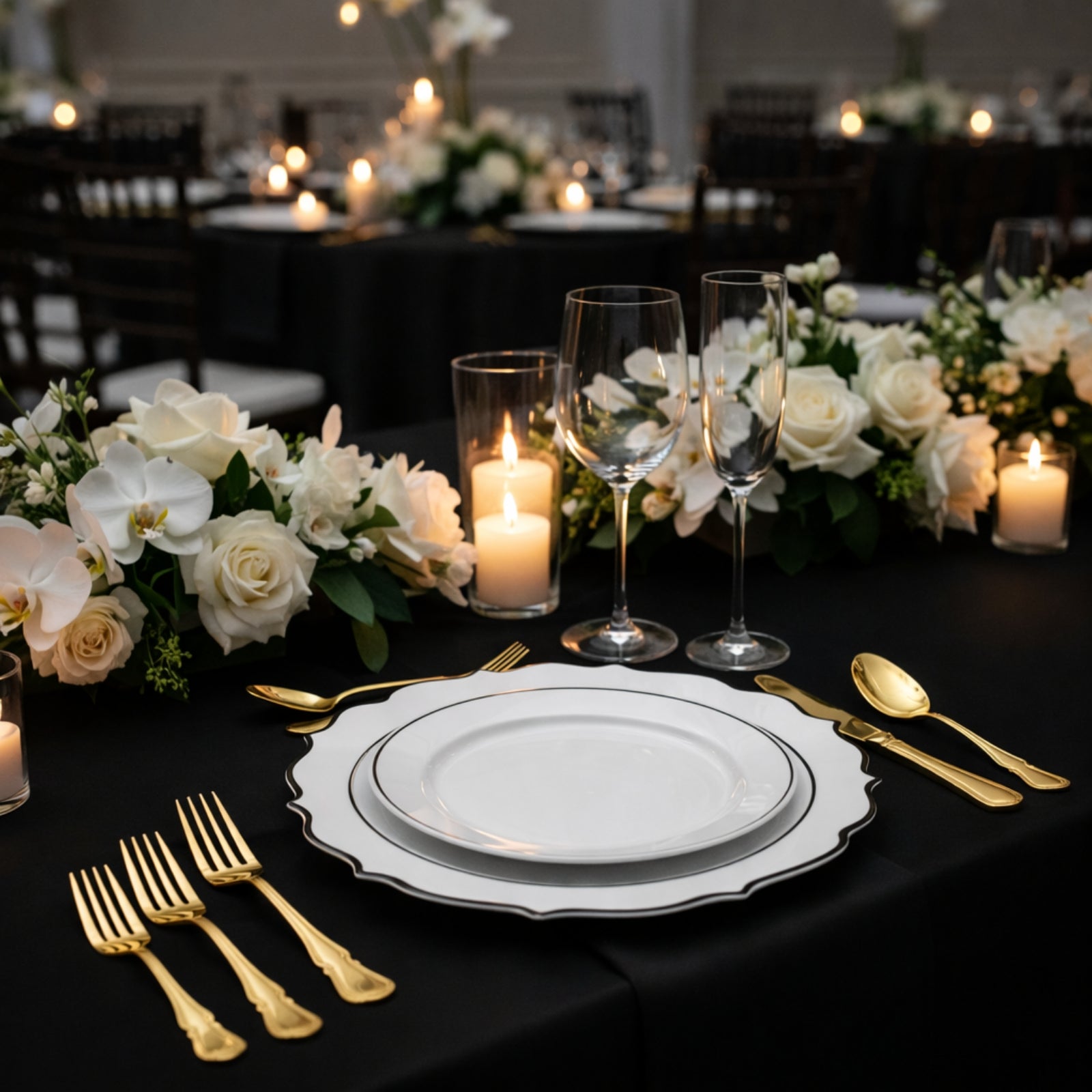 10-Pack Economy Plastic Round Charger Plates 13" in White with Black Scalloped Rim, Decorative Dinner Party Serving Plates