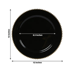 10-Pack Economy Round Plastic Charger Plates 13" in Black with Gold Beaded Rim, Stylish Dinner Party Serving Plates