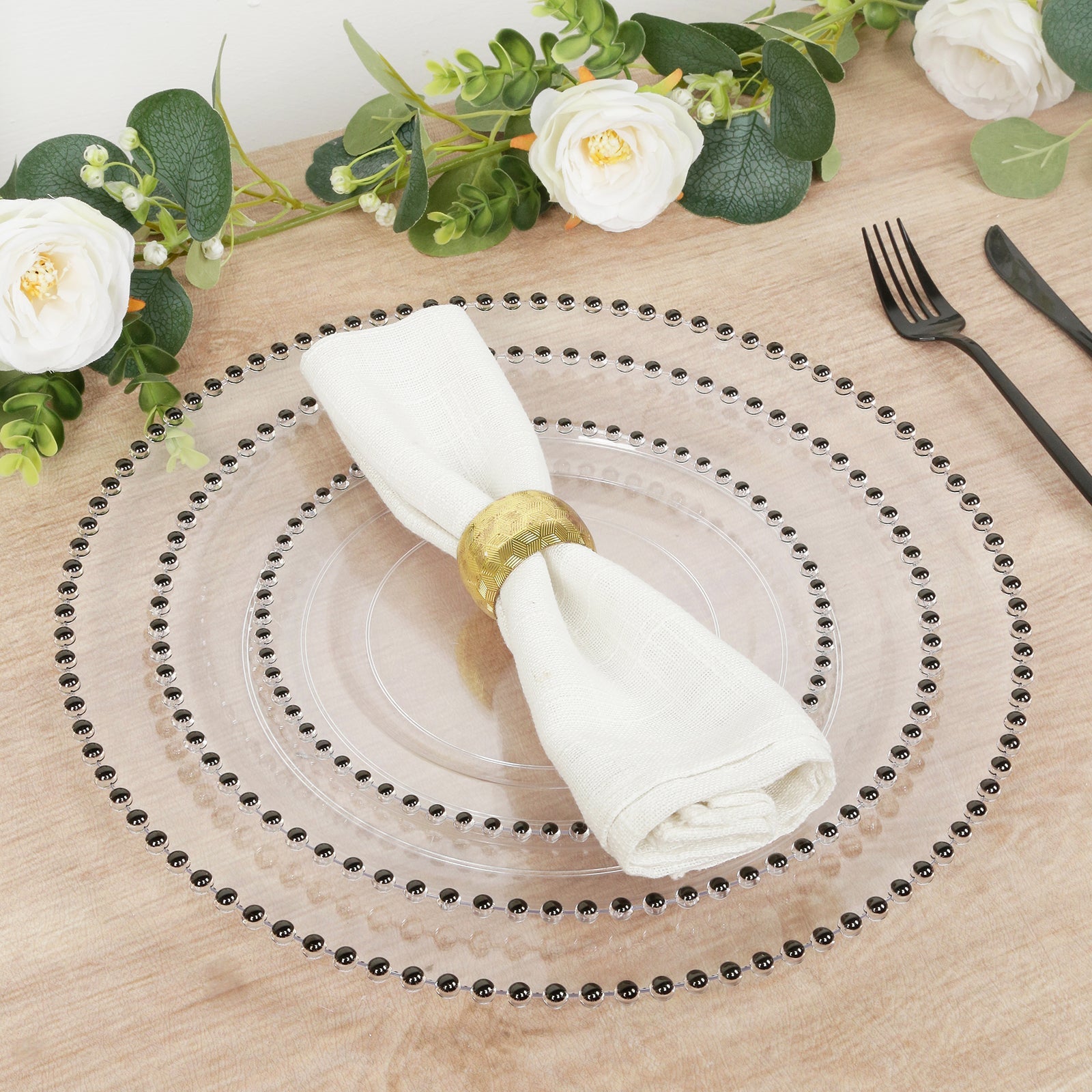 10-Pack Economy Round Plastic Charger Plates 13" in Clear with Black Beaded Rim, Stylish Dinner Party Serving Plates