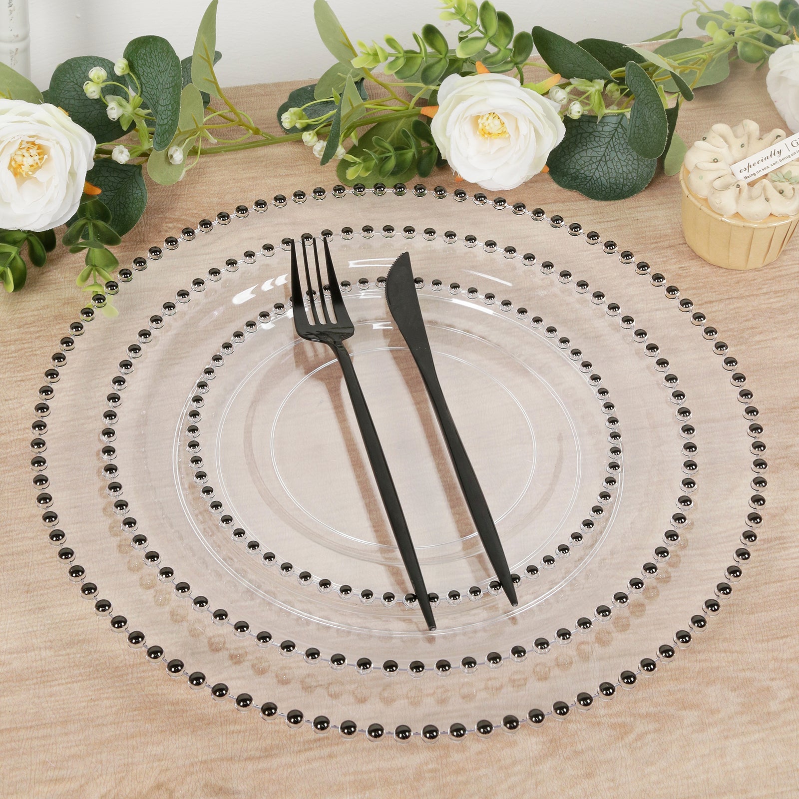 10-Pack Economy Round Plastic Charger Plates 13" in Clear with Black Beaded Rim, Stylish Dinner Party Serving Plates