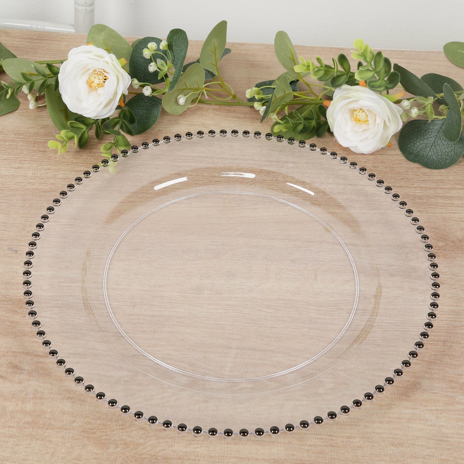 10-Pack Economy Round Plastic Charger Plates 13" in Clear with Black Beaded Rim, Stylish Dinner Party Serving Plates