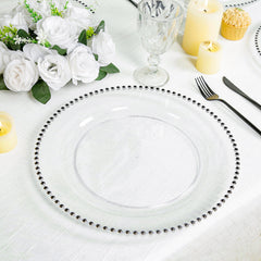 10-Pack Economy Round Plastic Charger Plates 13" in Clear with Black Beaded Rim, Stylish Dinner Party Serving Plates