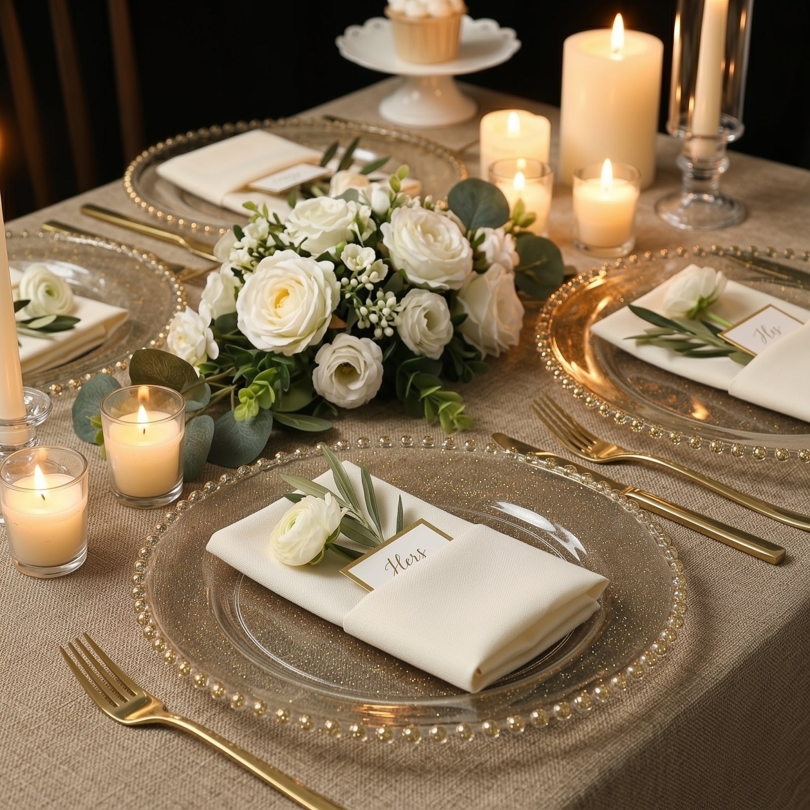10-Pack Economy Round Plastic Charger Plates 13" in Clear/Gold Glitter with Beaded Rim, Stylish Dinner Party Serving Plates