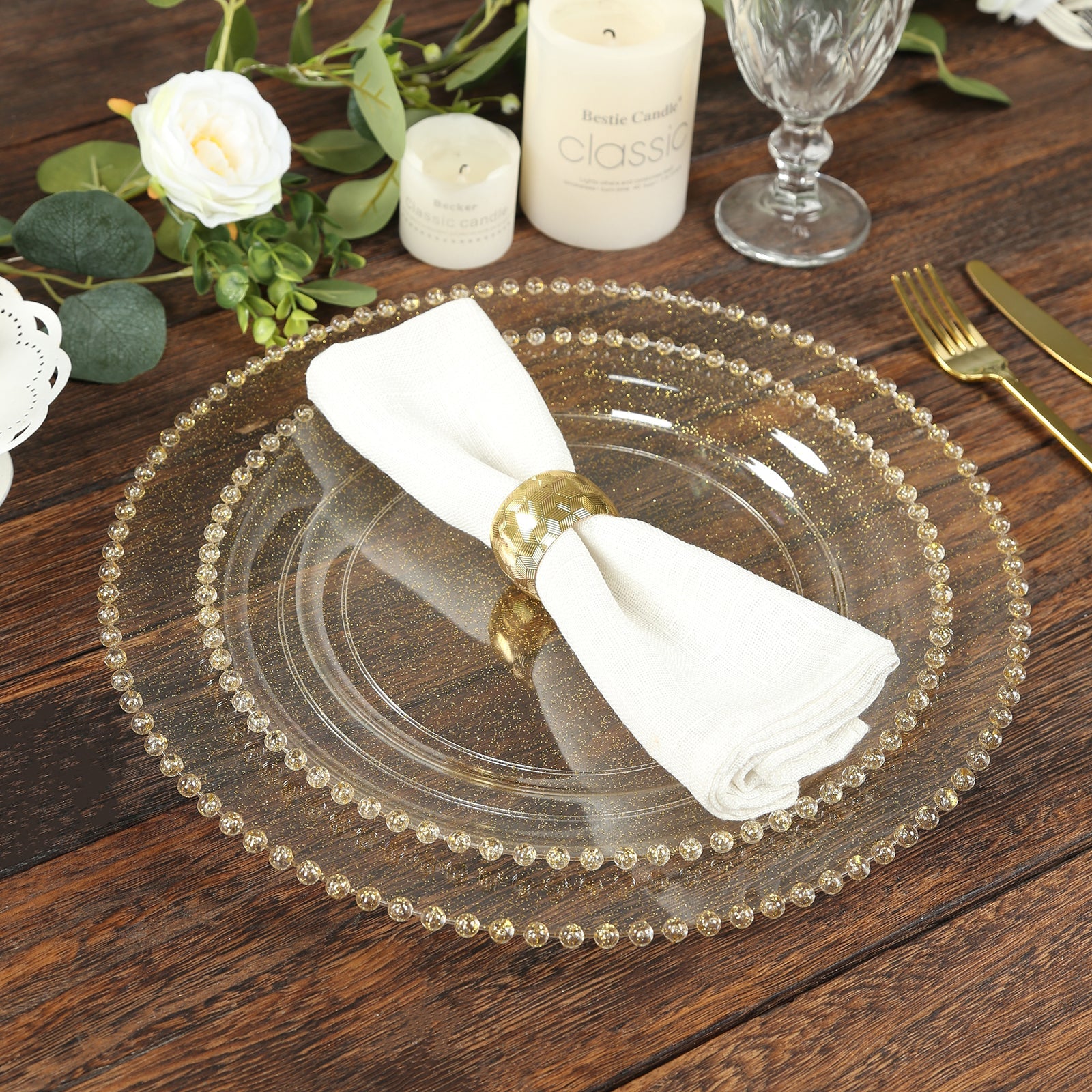 10-Pack Economy Round Plastic Charger Plates 13" in Clear/Gold Glitter with Beaded Rim, Stylish Dinner Party Serving Plates