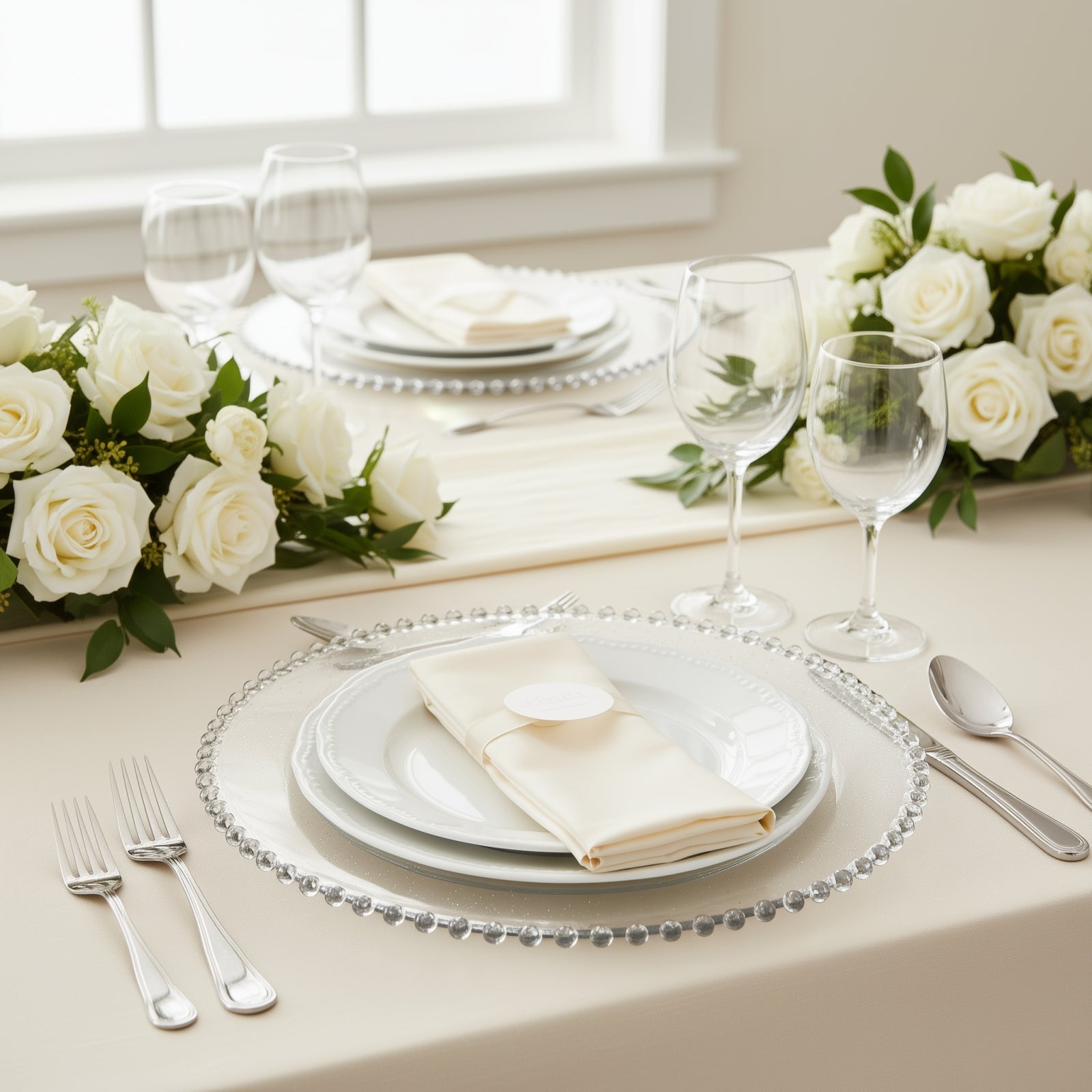 10-Pack Economy Round Plastic Charger Plates 13" in Clear/Silver Glitter with Beaded Rim, Stylish Dinner Party Serving Plates