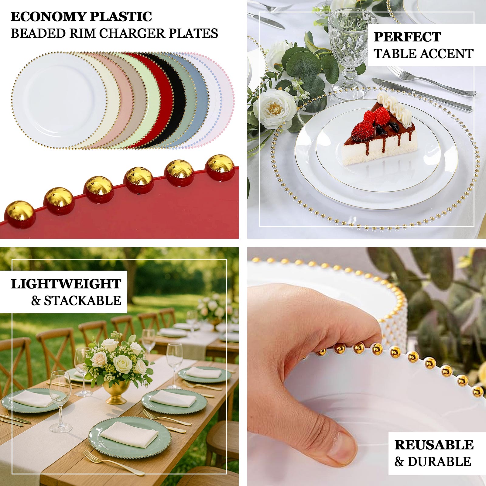 10-Pack Economy Round Plastic Charger Plates 13" in Clear with Black Beaded Rim, Stylish Dinner Party Serving Plates
