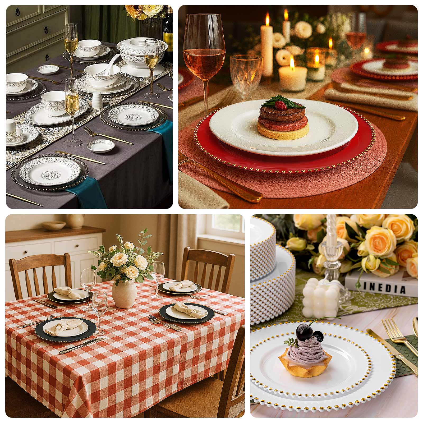 10-Pack Economy Round Plastic Charger Plates 13" in Clear with Silver Beaded Rim, Stylish Dinner Party Serving Plates
