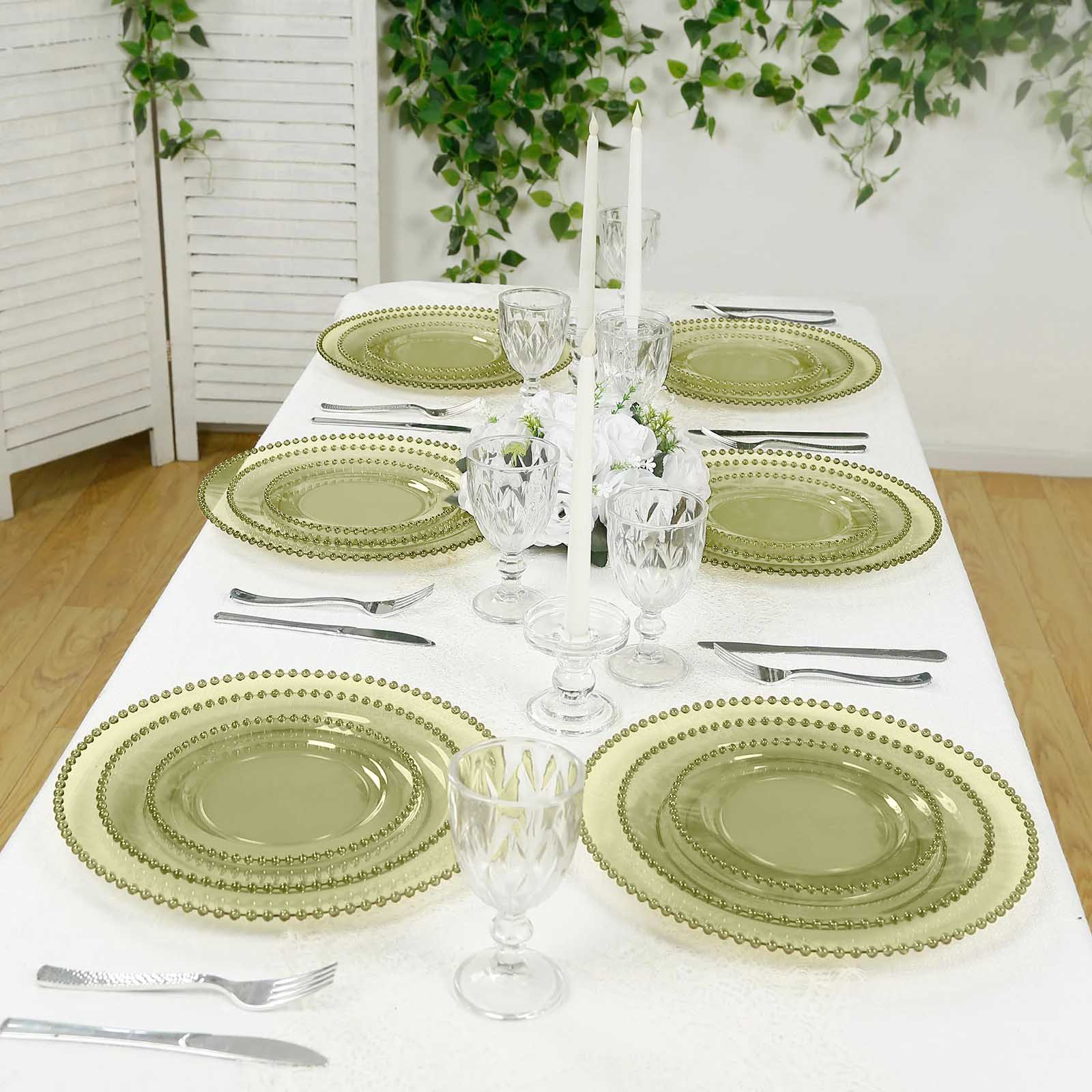 10-Pack Economy Round Plastic Charger Plates 13" in Transparent Dusty Sage Green with Beaded Rim, Stylish Dinner Party Serving Plates