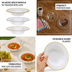 10-Pack Plastic Dessert Salad Bowls Clear Round Design with Silver Beaded Rim - Disposable Soup Bowls 12oz