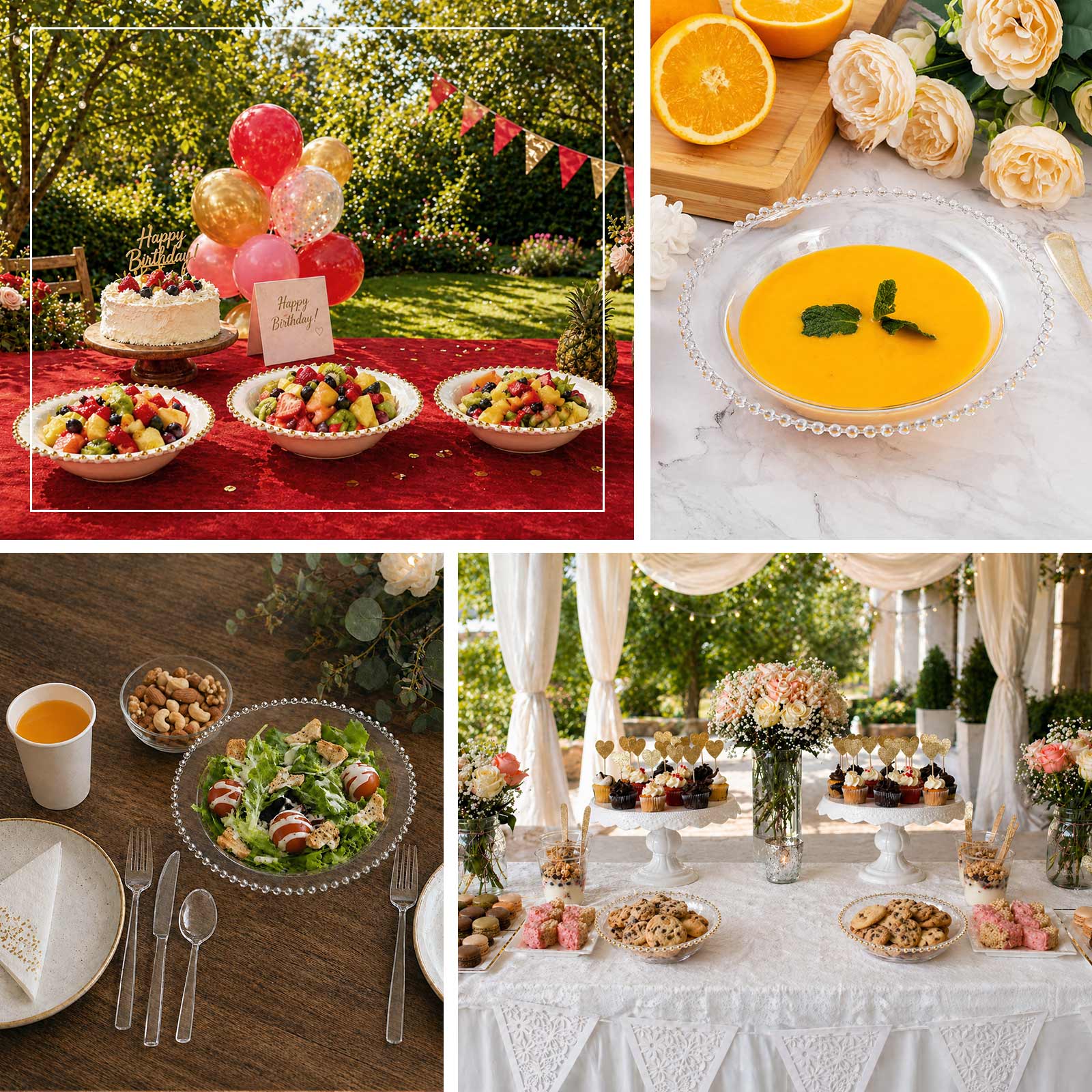 10-Pack Plastic Dessert Salad Bowls White Round Design with Gold Beaded Rim - Disposable Soup Bowls 12oz