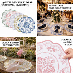 10 Pack Cardboard Paper Table Mats with White Royal Blue Damask Floral Pattern, 13" Round Disposable Placemats with Scalloped Rim - 400 GSM