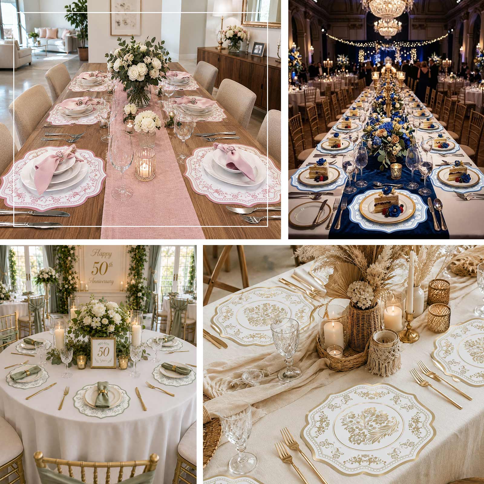 10 Pack Cardboard Paper Table Mats with White Royal Blue Damask Floral Pattern, 13" Round Disposable Placemats with Scalloped Rim - 400 GSM
