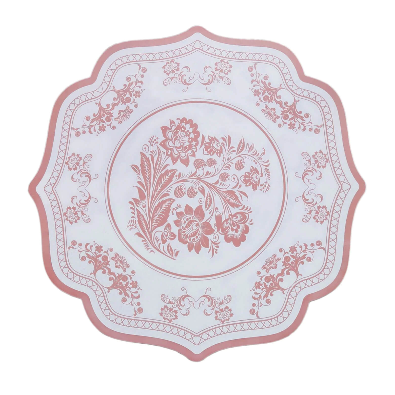 10-Pack Disposable Table Placemats 13" Round Placemats in White with Pink Damask Floral Pattern & Scalloped Rim - 400GSM Cardboard Placemats for Stylish Table Setting