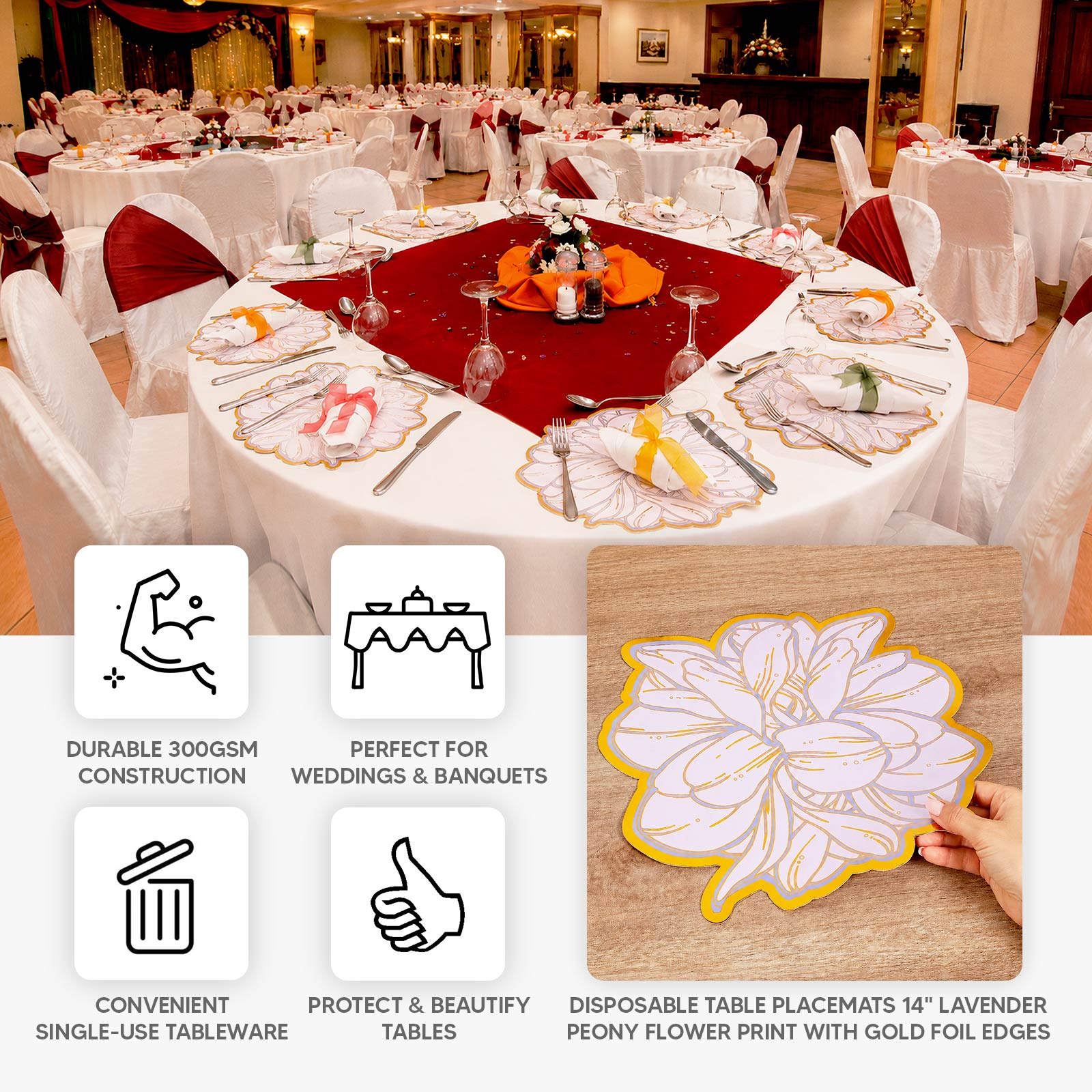 10-Pack Disposable Table Placemats in Lavender with Peony Flower Print & Gold Foil Edges - Lilac 300GSM Floral Cardboard Placemats for Dinner Parties & Gatherings 14"